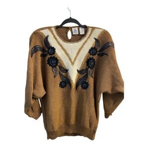 Vintage Brown & White Floral Embroidered Sweater Shoulder Pads Knitwear Size XL